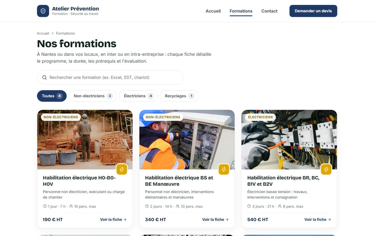 Catalogue des formations du site d'exemple